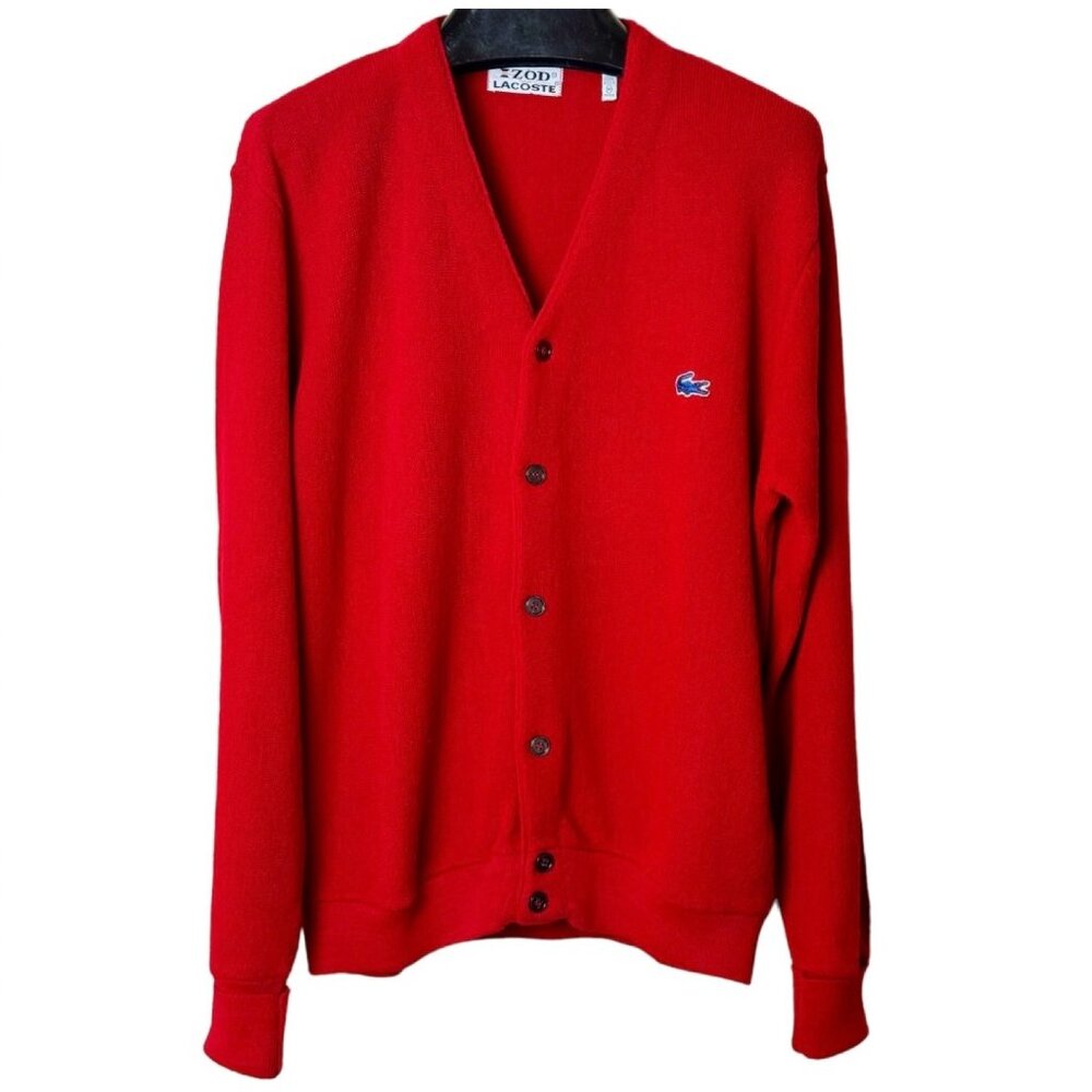 VINTAGE IZOD Lacoste Red 1960s V-Neck Button Down Cardigan Sweater Mens Size Med
